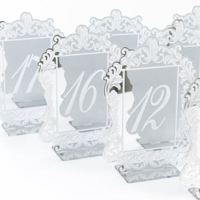 Silver Mirror Arch Acrylic Table Numbers (11-20) - 5’’x7’’ Wedding Reception Signs with Baroque Lace Border White Print