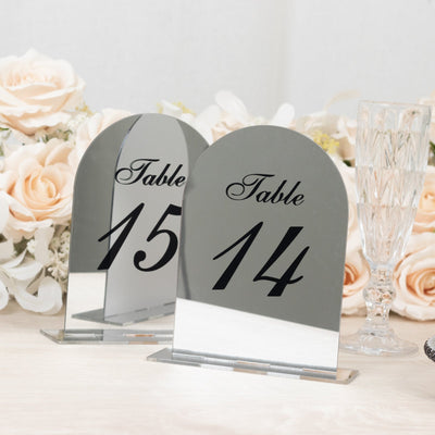 Silver Mirror Arch Acrylic Table Numbers (11-20) - 6’’x7’’ Wedding Reception Signs with Black Print & Stands