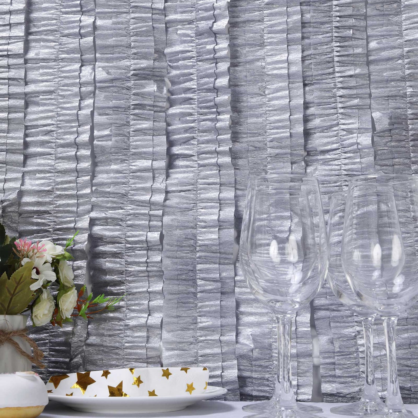 3 Rolls 28ft Silver Ruffled Tissue Paper Party Streamers, Crepe Paper Backdrop Decorations