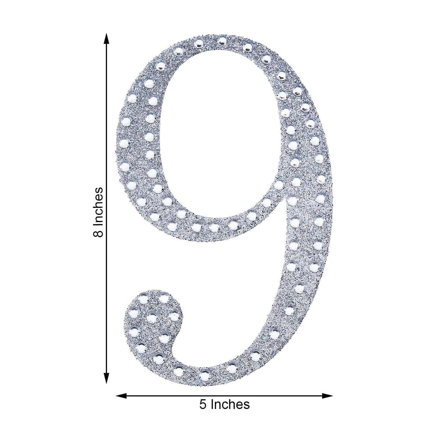 Decorative Rhinestone Number "9" Stickers, Glitter Adhesive Craft Numbers Silver DIY Sparkle Embellishments 8"