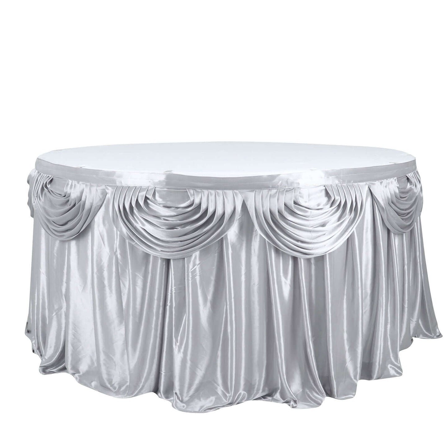 Satin 14ft Table Skirt Silver - Pleated Double Drape Table Cover