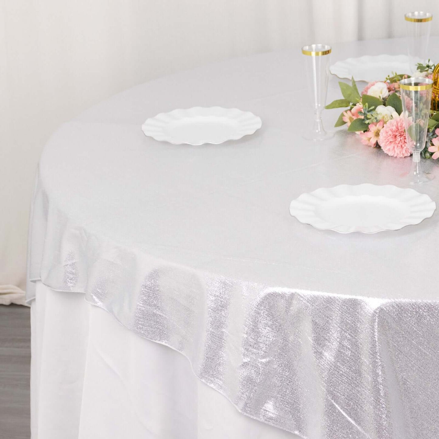 Polyester 72"x72" Table Overlay Square Tablecloth Silver - Sequin Dots Wrinkle-Free Table Cover