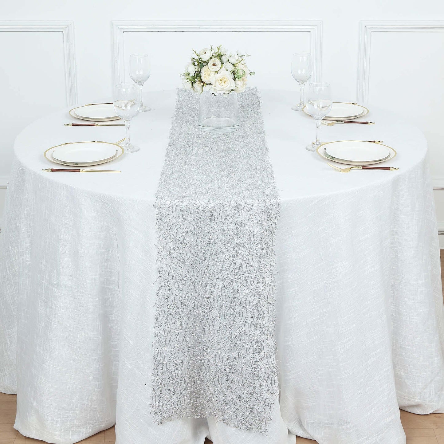 Mesh 12"x108" Table Runner Silver - Sequin Schiffli Lace Design for Stylish Celebrations