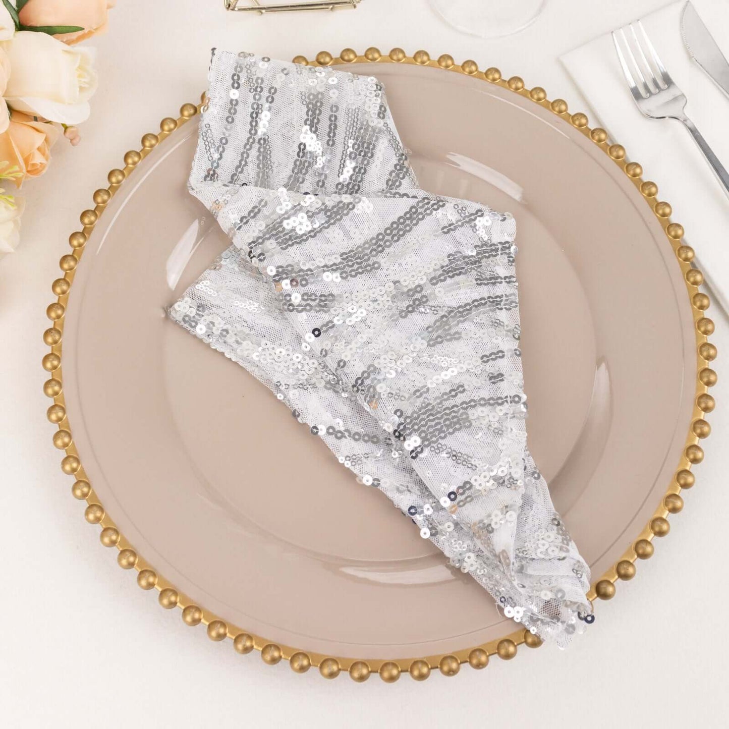 Sequin Mesh 20"x20" Napkin SIlver - Wave Embroidered Reusable Napkin
