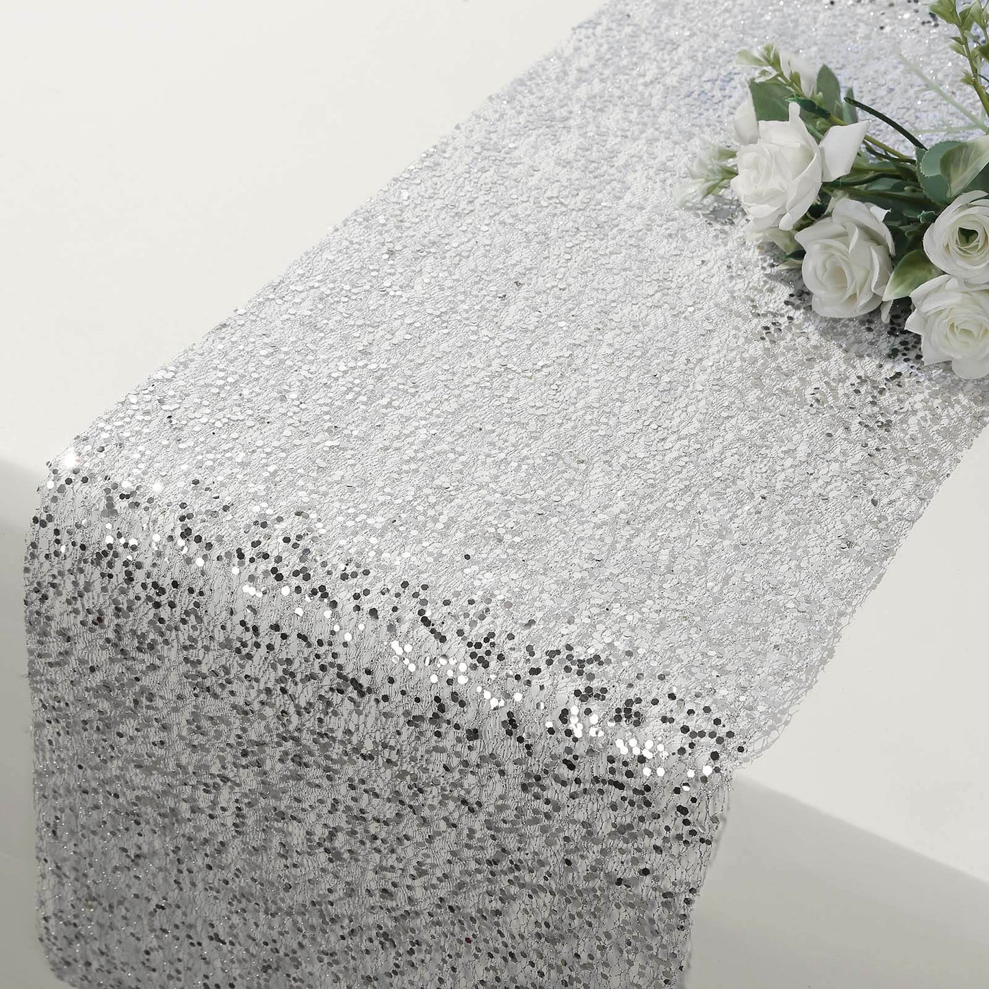 Mesh 11"x108" Table Runner Metallic Silver â€“ Glitter Design for Convenient Event Decoration