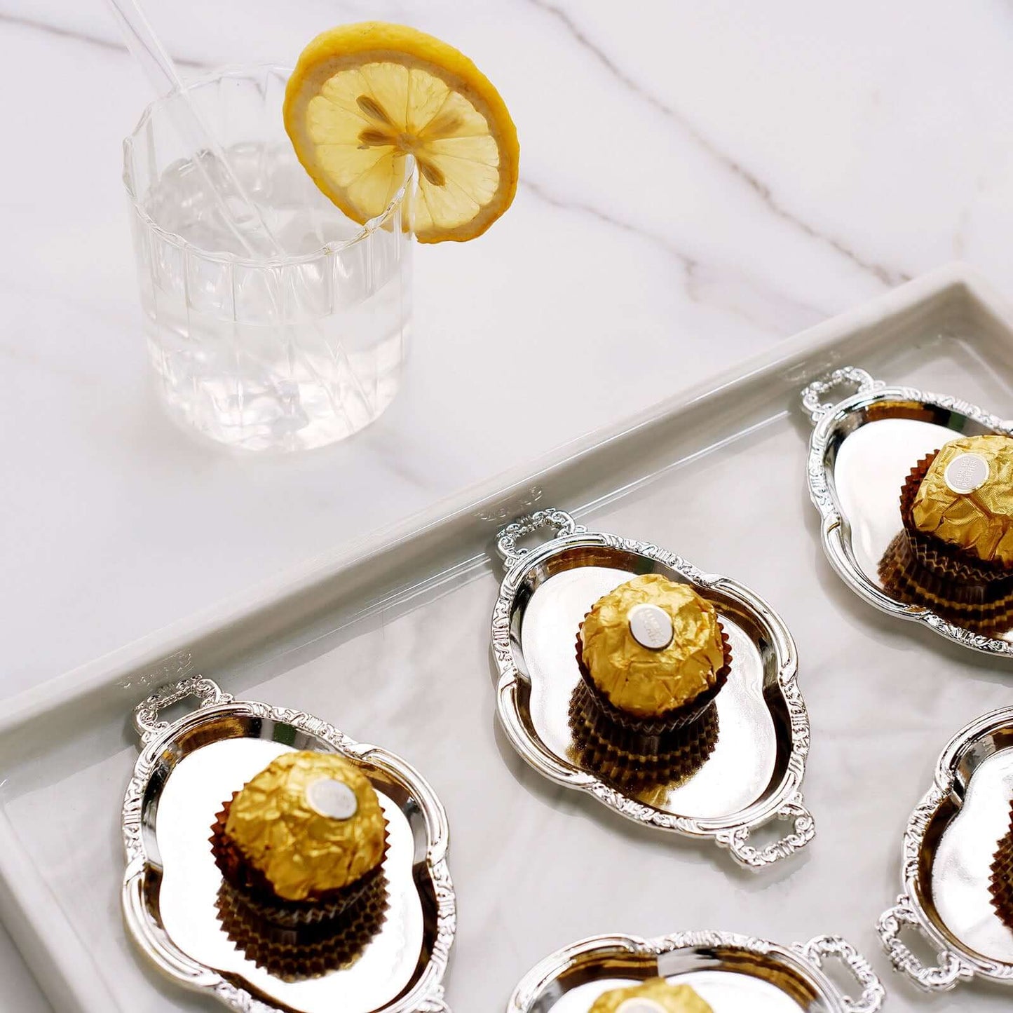 12-Pack Display Trays Party Favor Baroque Oval Design Silver - Mini Serving Platters for Sweets and Desserts 4.5"