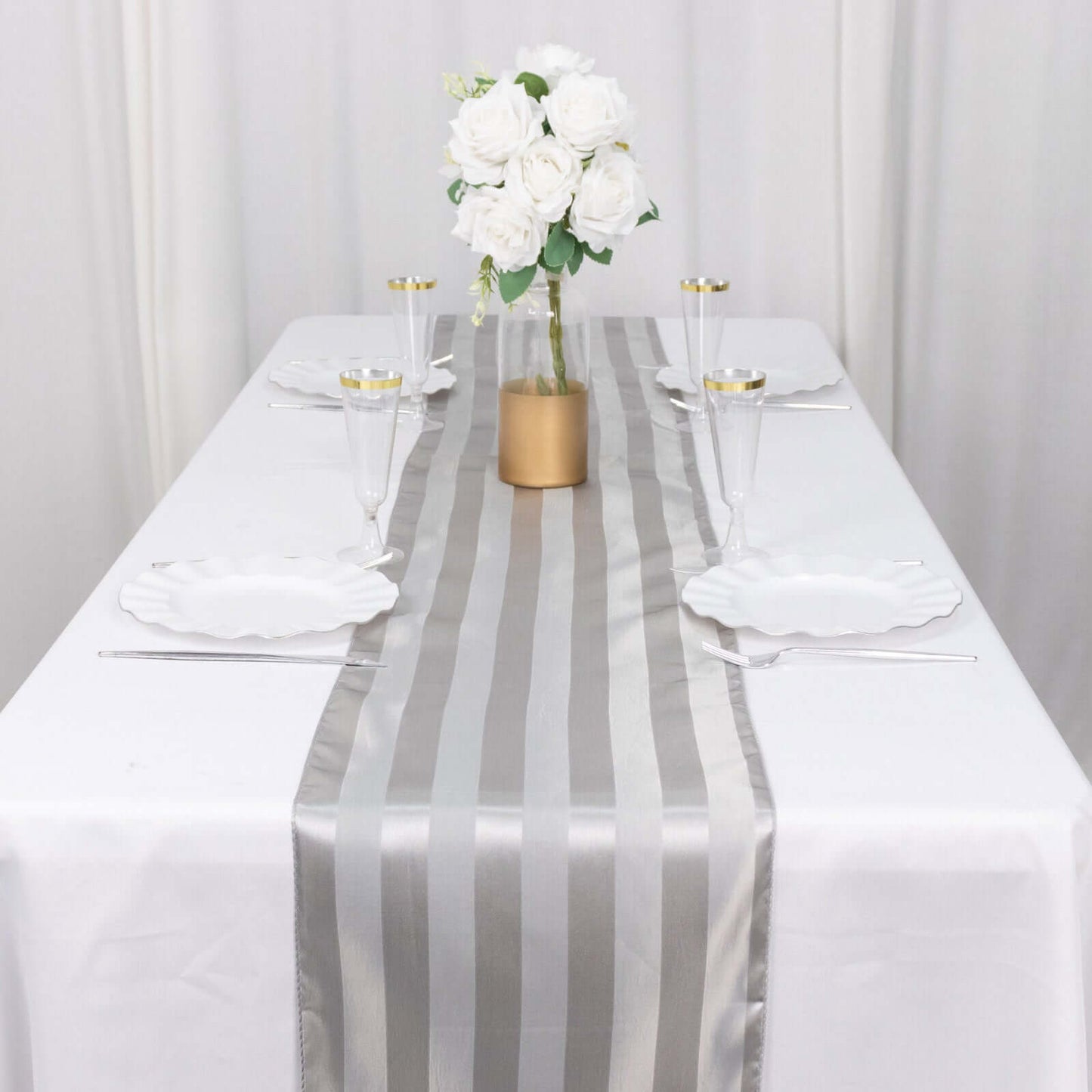 Satin 12"x108" Table Runner Silver Stripe - Stripe Table Decor