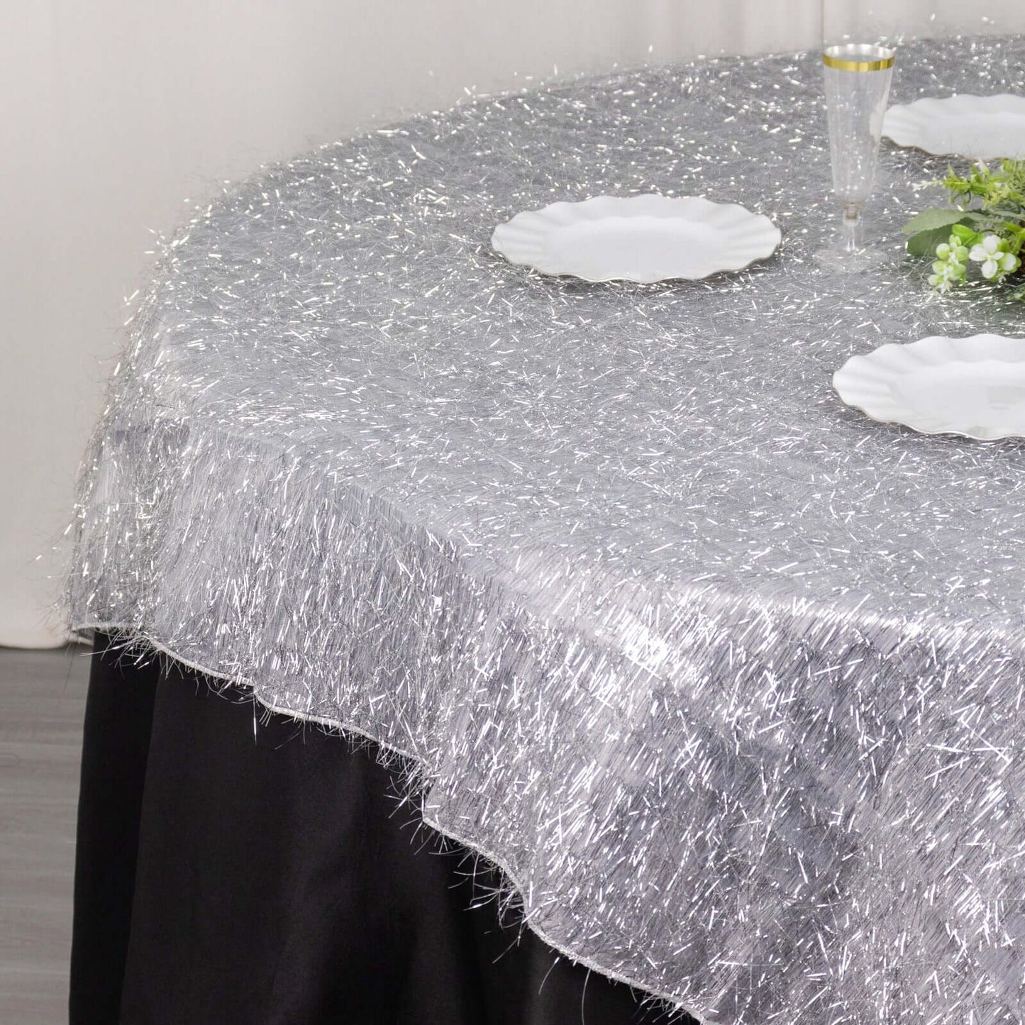 Polyester 72"x72" Table Overlay Square Tablecloth Silver - Metallic Fringe Shag Tinsel Table Cover
