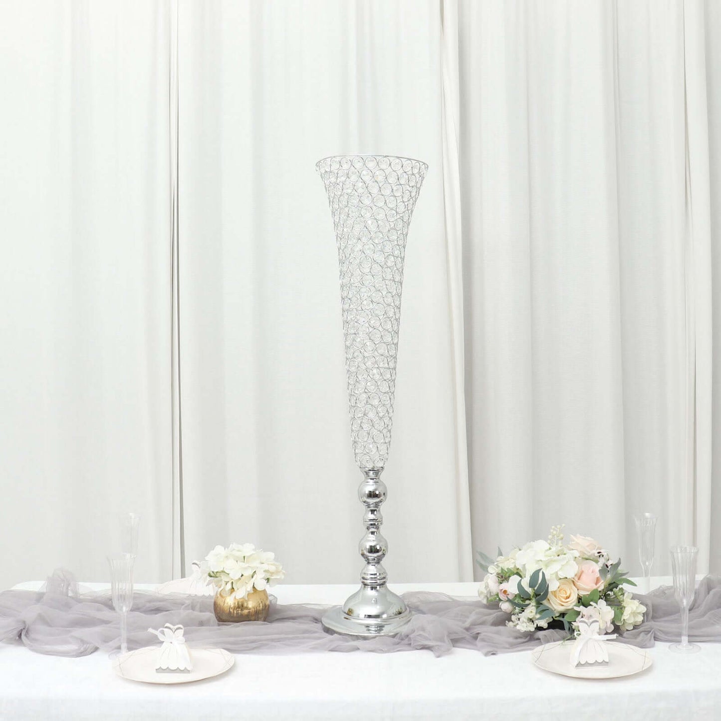 2-Pack Crystal Beaded Trumpet Vase Set Silver - Table Centerpiece for Grand Occasions 40"