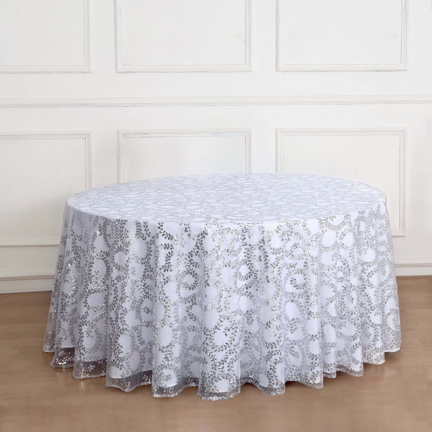 Tulle 120" Round Tablecloth Silver - Seamless Sequin Leaf Embroidered Table Cover