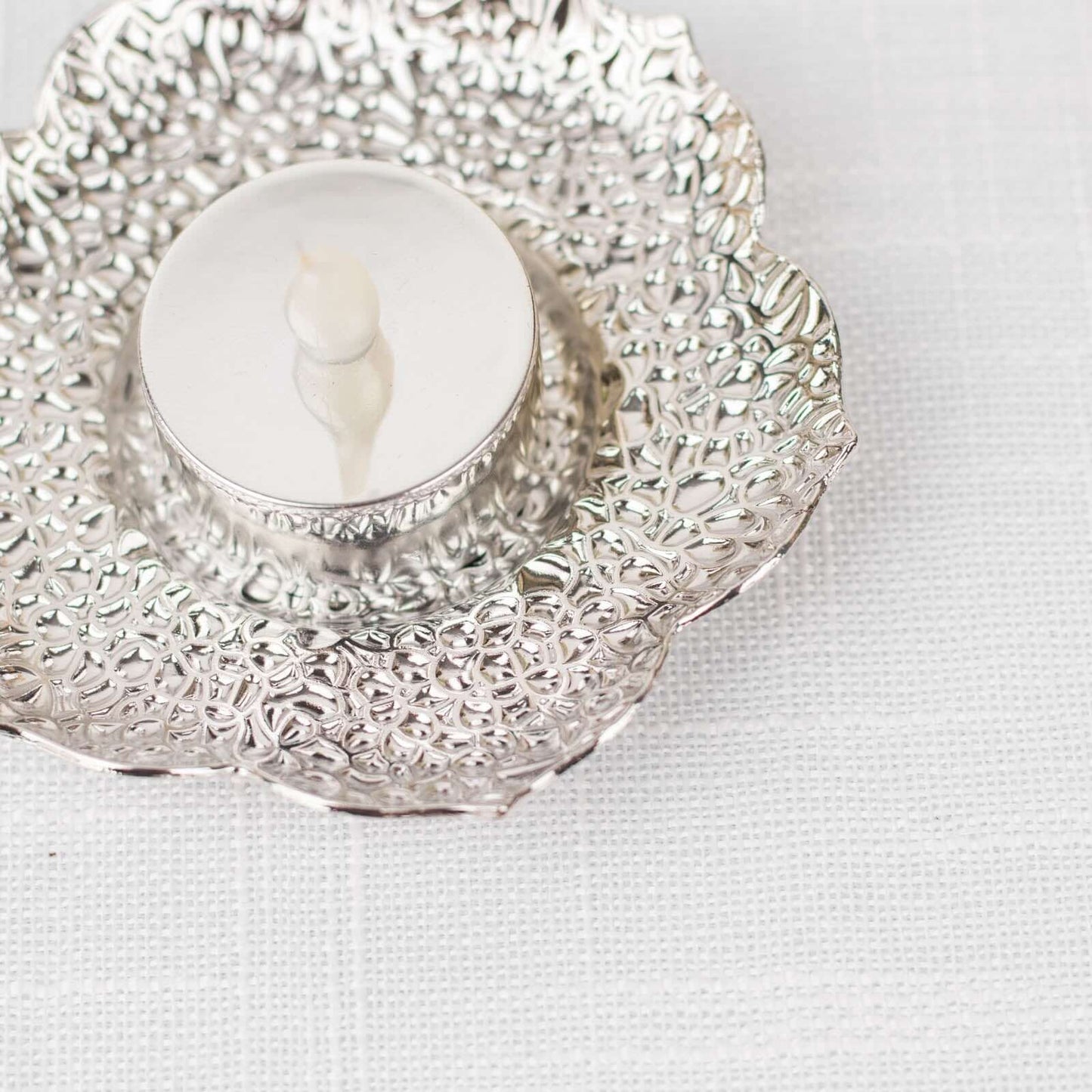 3-Pack Metal Votive Candle Holders Plum Blossom Design Shiny Silver - Vintage Mini Tea Cup Saucers 4"