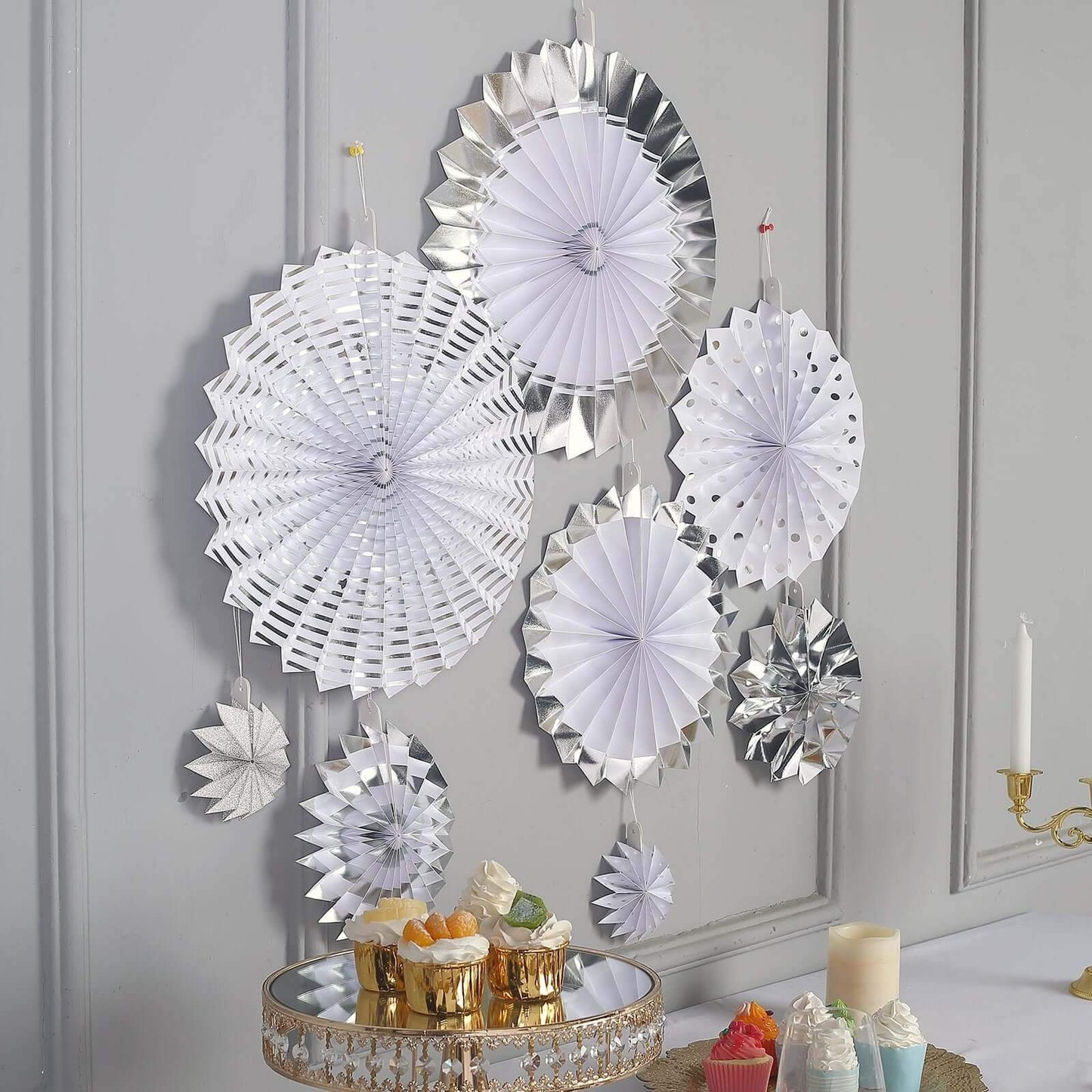 Set of 8 Silver White Hanging Paper Fan Decorations, Pinwheel Wall Backdrop Party Kit - 4", 8", 12", 16"