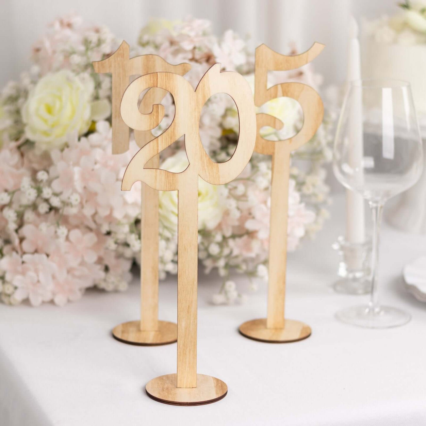 Set of 20 Wooden Wedding Table Numbers Natural 1-20 with Round Holder Base - Rustic Table Signs for Receptions 11" Tall