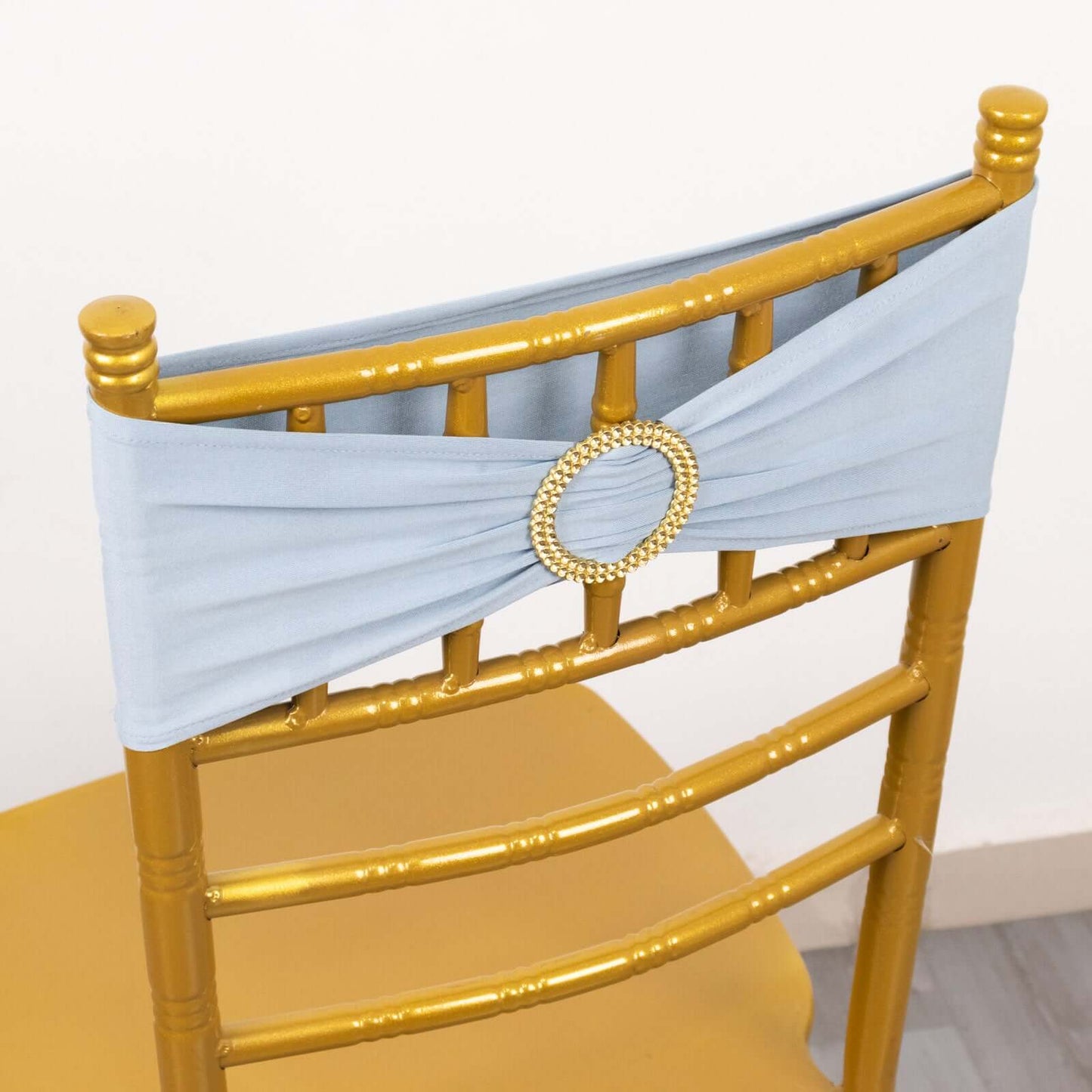 5 Pack Spandex Chair Sashes Dusty Blue with Gold Rhinestone Buckles - Reusable Four-Way Stretch Sash Bands 5"x14"