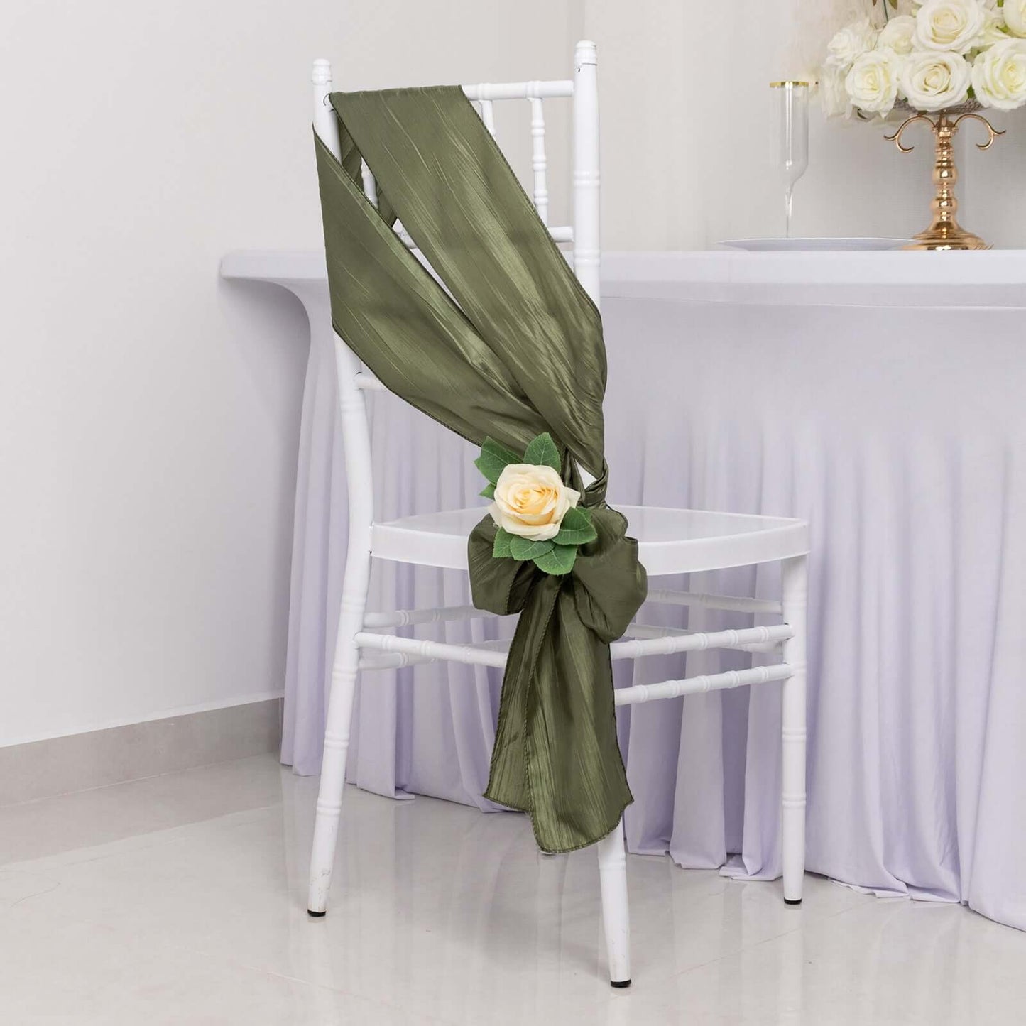 5 Pack Taffeta 6"x106" Chair Sashes Dusty Sage Green Accordion Crinkle Texture - Stylish Decor for Weddings & Gatherings