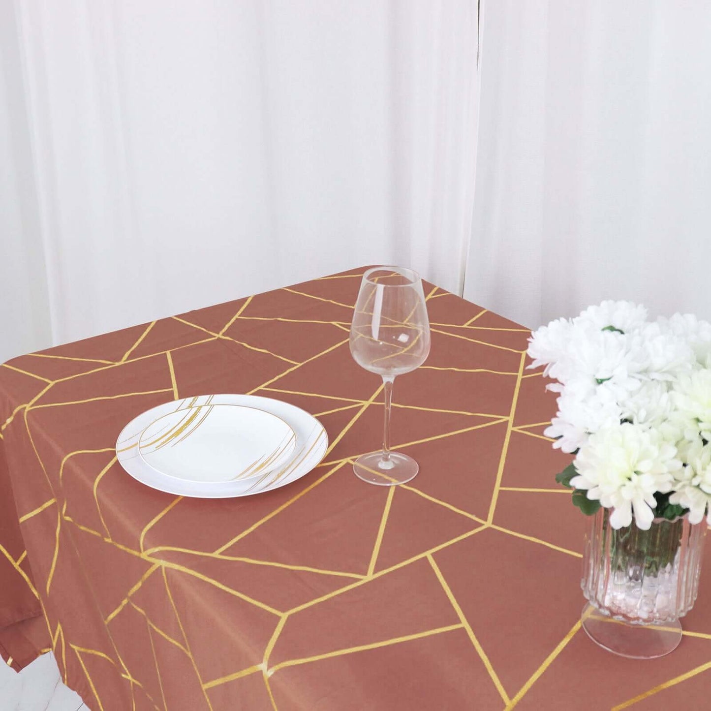 Polyester 60"x102" Rectangle Tablecloth Terracotta (Rust) with Gold Foil Geometric Pattern - Wrinkle-Resistant & Durable Table Cover