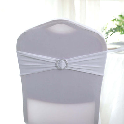5 Pack Stretch Spandex Chair Sashes White - Classy Reusable Chair Bands with Silver Diamond Ring Slide Buckle 5"x14"