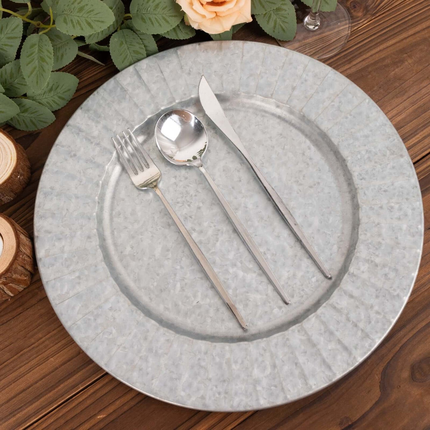 4-Pack Metal Round Charger Plates 13" in Silver with Galvanized Ruffled Rim, Contemporary Charger Tableware
