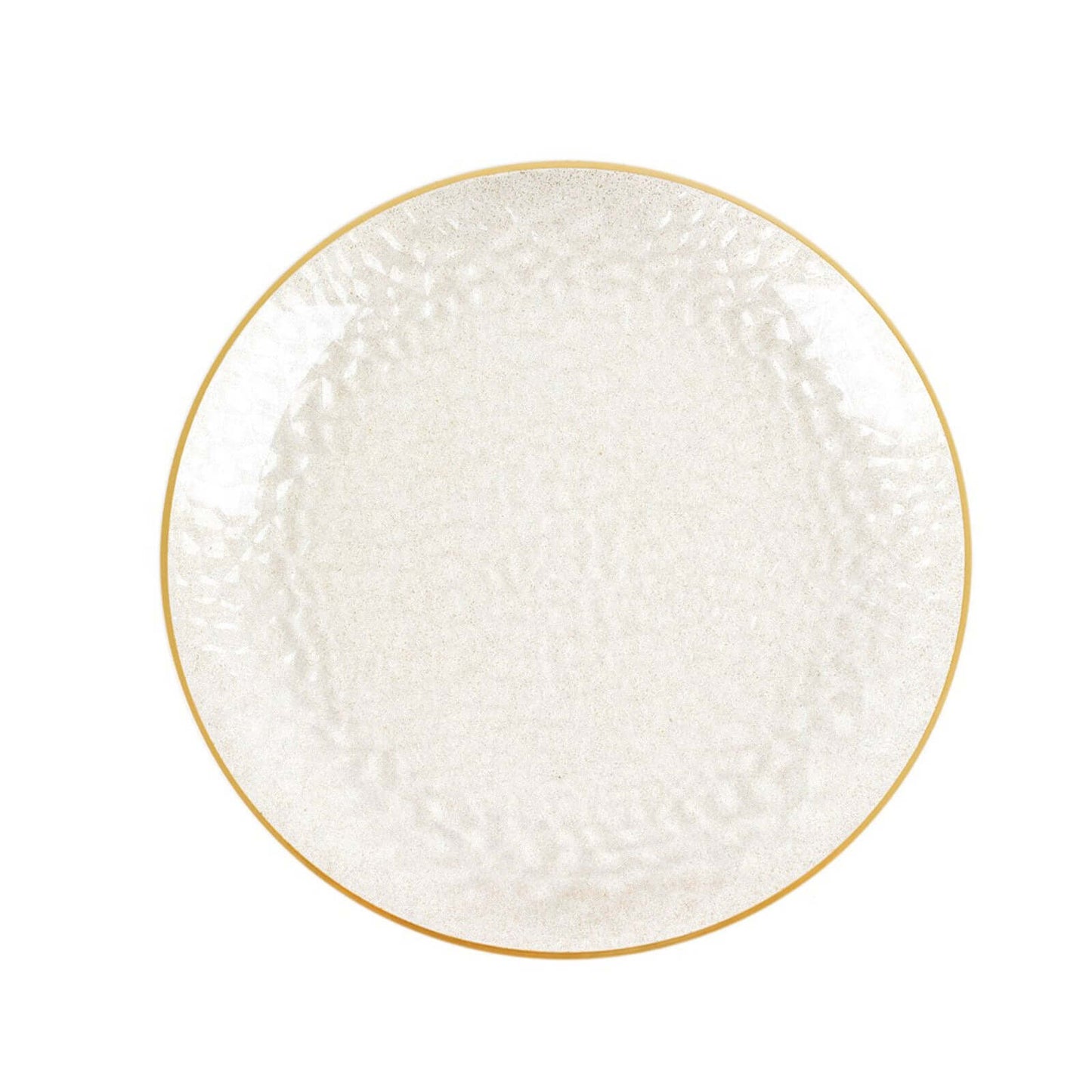 10-Pack Plastic 9" Round Dinner Plates in Clear Gold Glittered Hammered Design with Gold Rim - Modern Disposable Party Plates