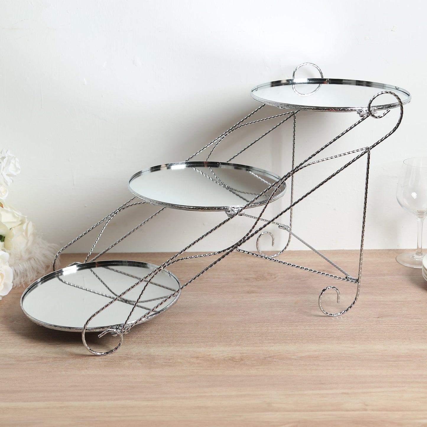 3-Tier Cake Stand Cascading Design with Round Mirror Trays Silver - Dessert Display and Serving Platter Metal 16"x19"