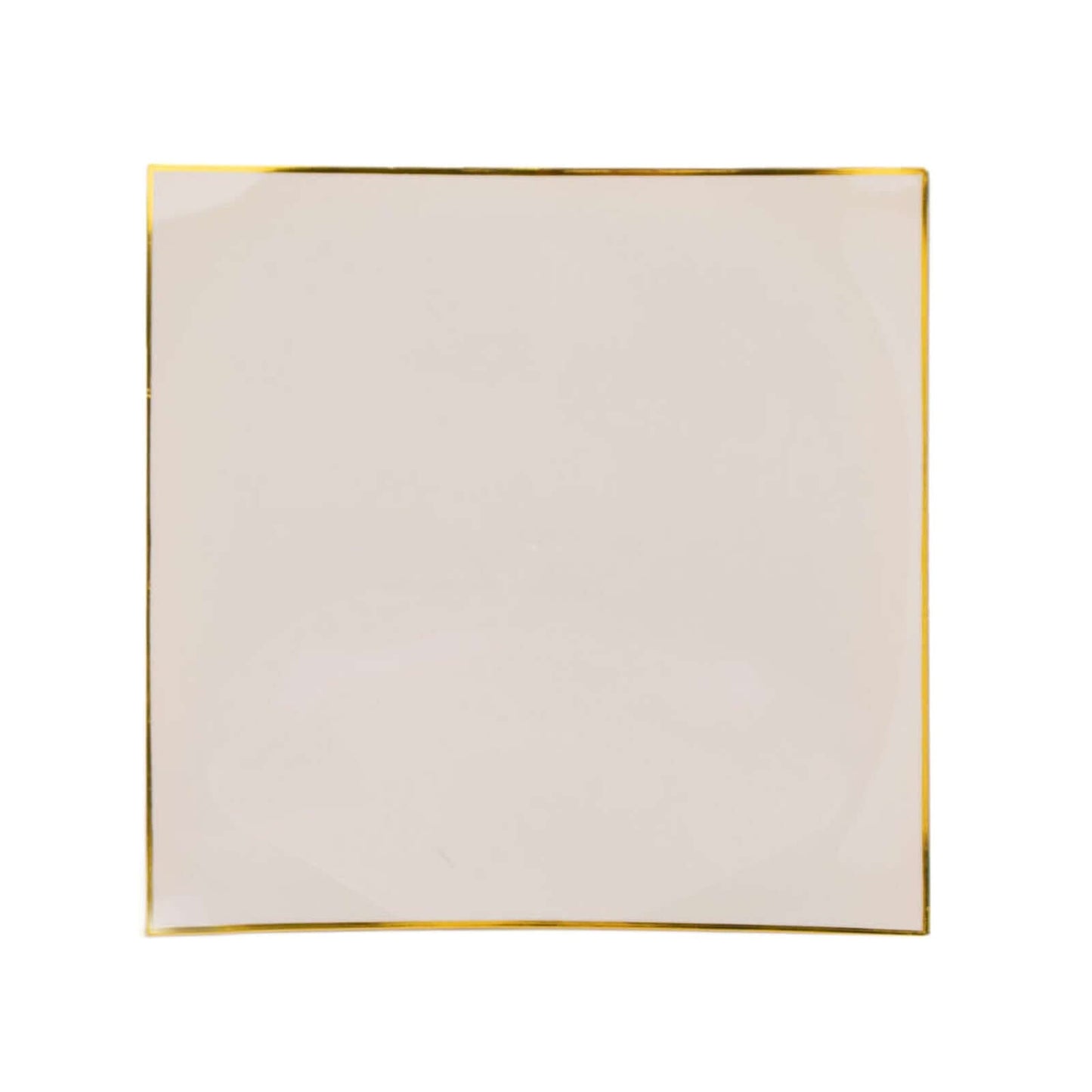 10-Pack Plastic 10" Square Dinner Plates in Taupe Concave Style with Gold Rim - Modern Disposable Party Plates