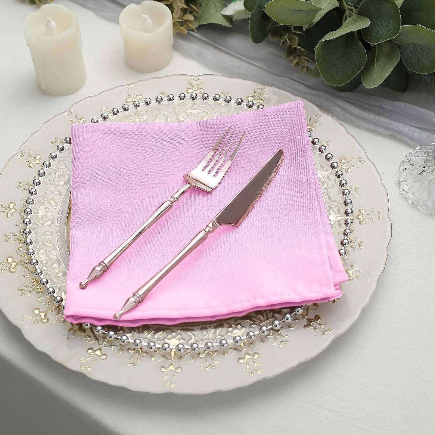 5 Pack Polyester 17"x17" Napkins Pink - Durable & Wrinkle Resistant Dinner Napkins