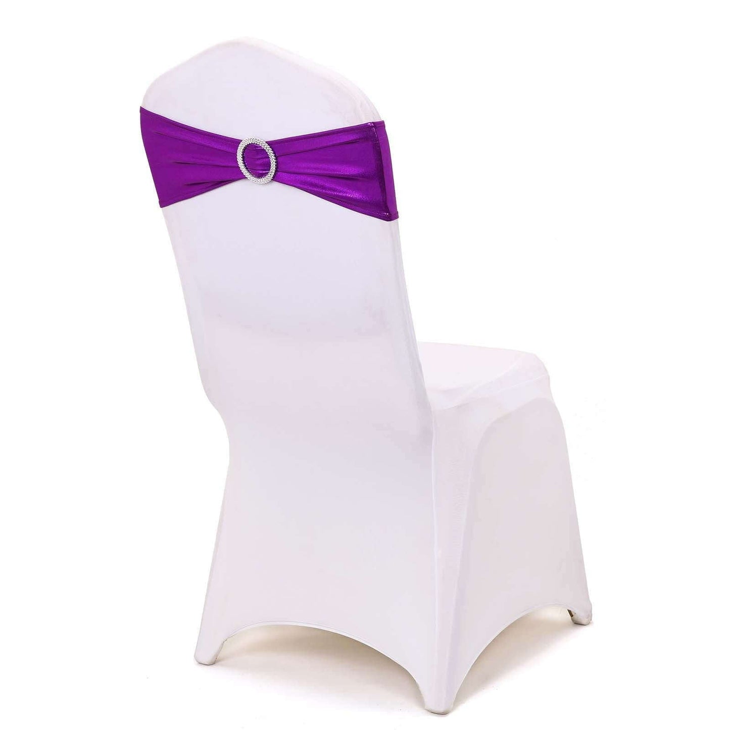 5 Pack Metallic Spandex Chair Sashes Purple - Stretch Fit Chair Bands With Round Diamond Buckles
