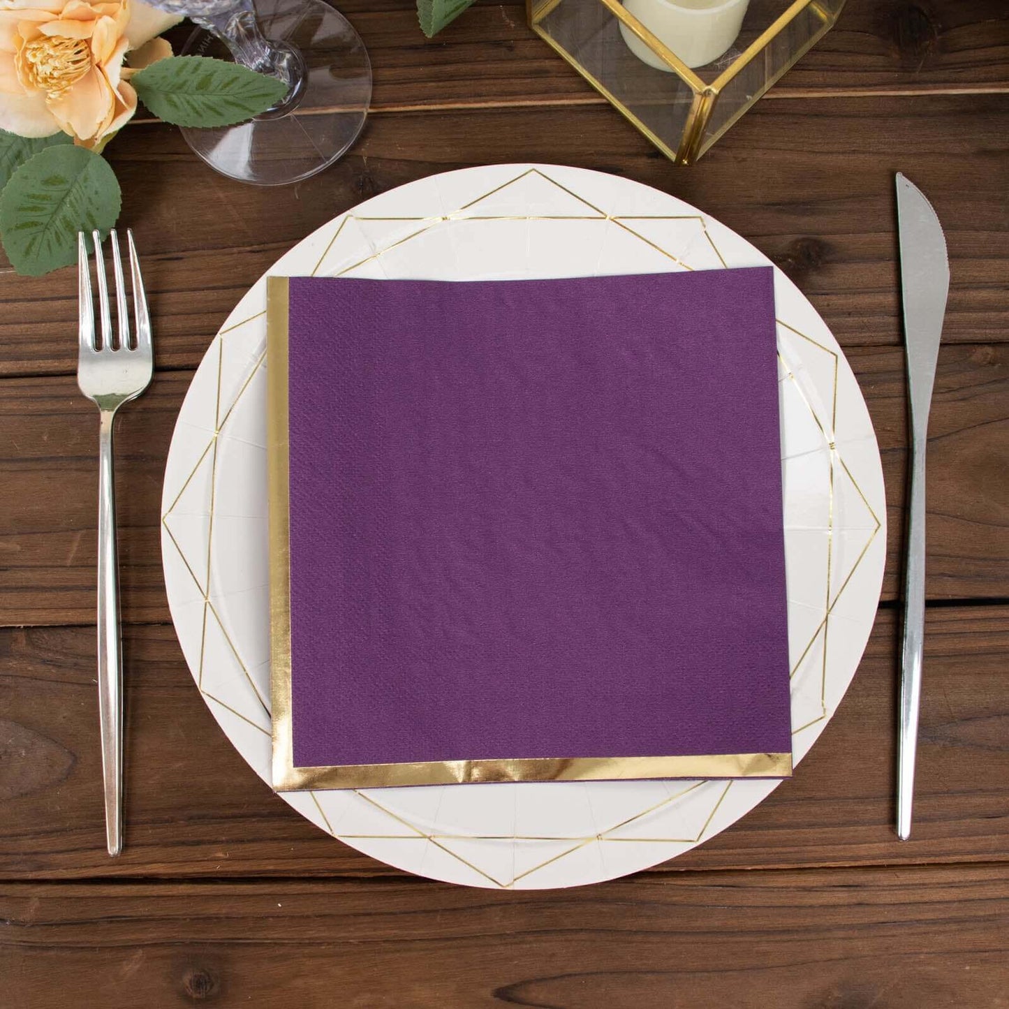 50-Pack Paper Beverage Napkins with Gold Foil Edge Purple - Disposable 2 Ply Cocktail Napkins for Events 6.5"x6.5"