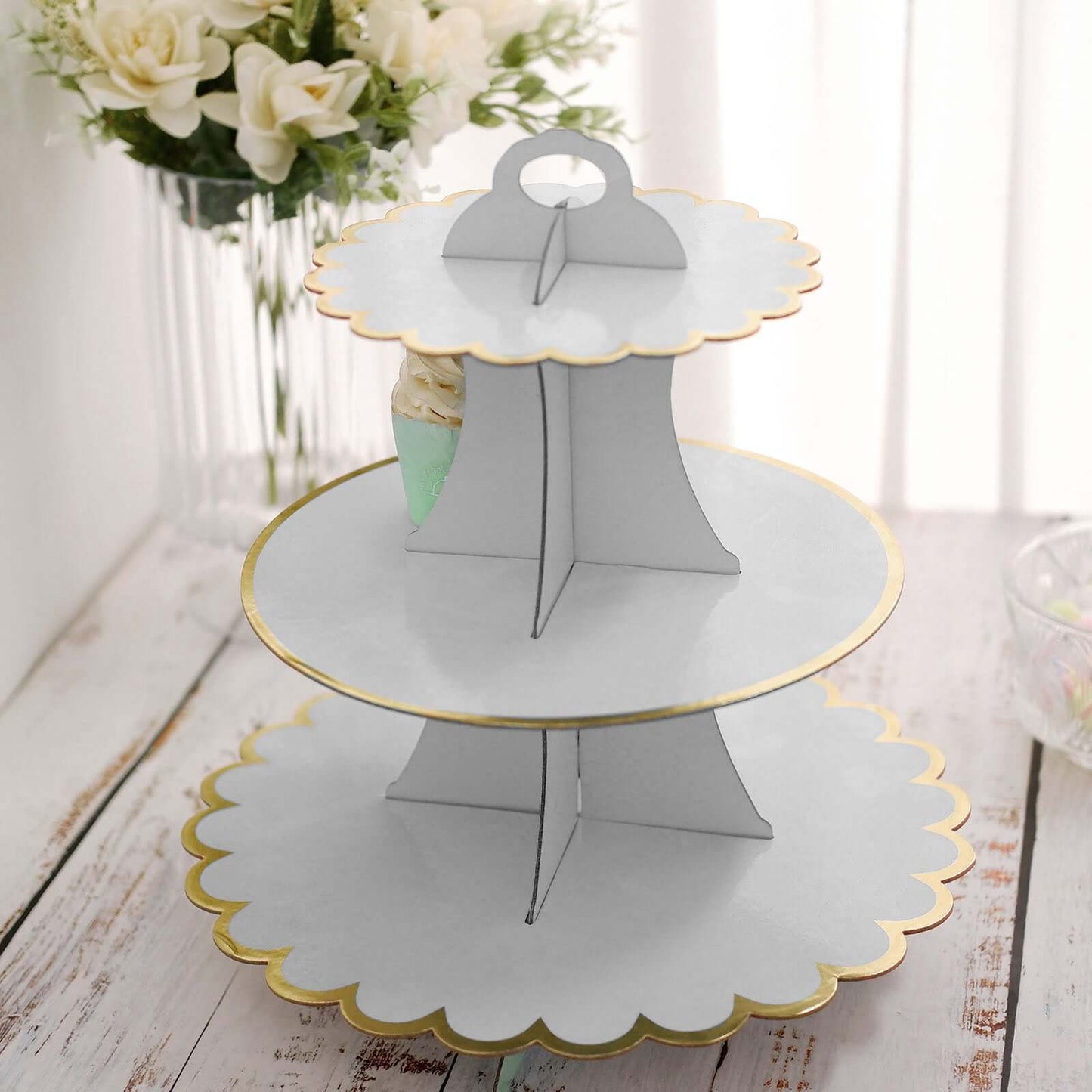 3-Tier Cardboard Cupcake Stand White - Sturdy & Collapsible Dessert Treat Tower with Gold Scalloped Rim for Baby Shower Wedding & Party Decor 13"