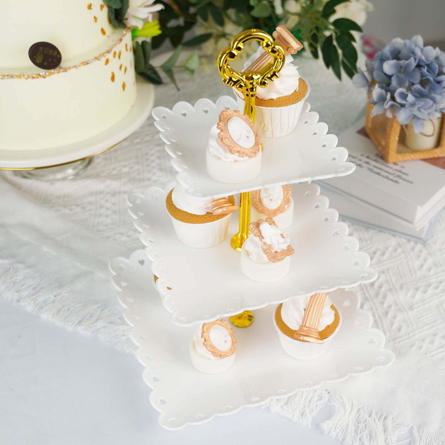 3-Tier Plastic Square Cupcake Stand Tower White - Charming Disposable Dessert Display Serving Tray Platter with Heart Wavy Edge & Gold Top Handle for Tea Parties Weddings & Special Occasions 13"