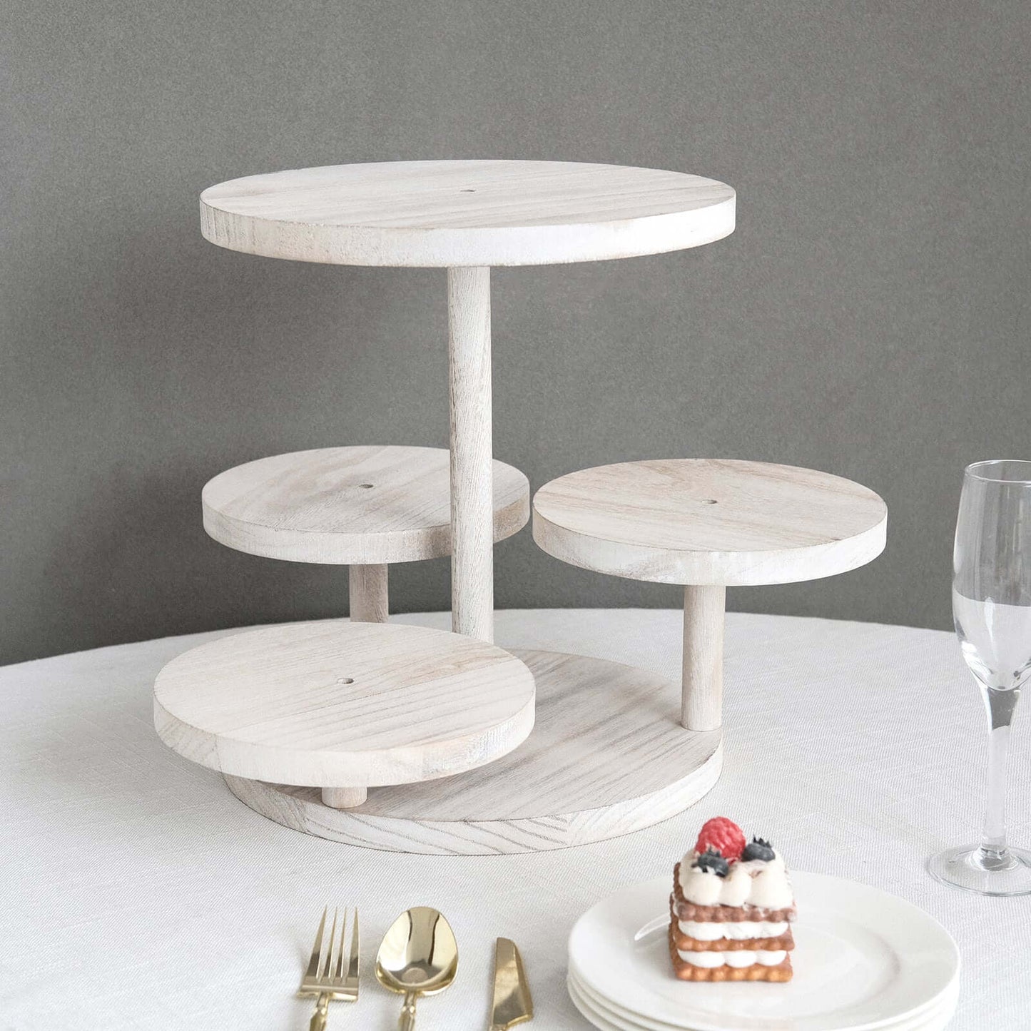 4-Tier Wooden Cake Stand Whitewash with Round Tiered Trays - Rustic Cupcake Tower Dessert Display 14" Tall