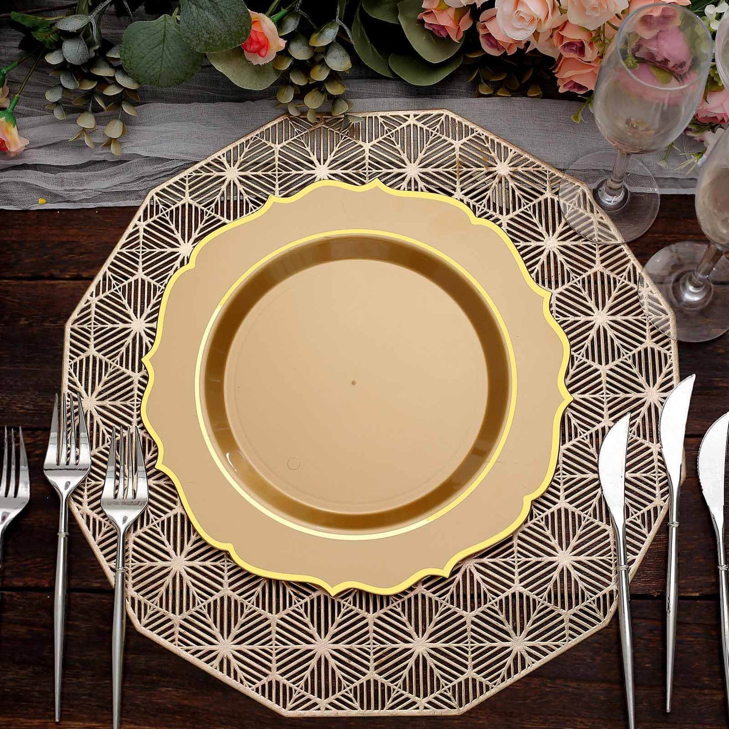 10-Pack Plastic 10" Round Dinner Plates in Gold with Gold Scalloped Rim - Disposable Party Plates
