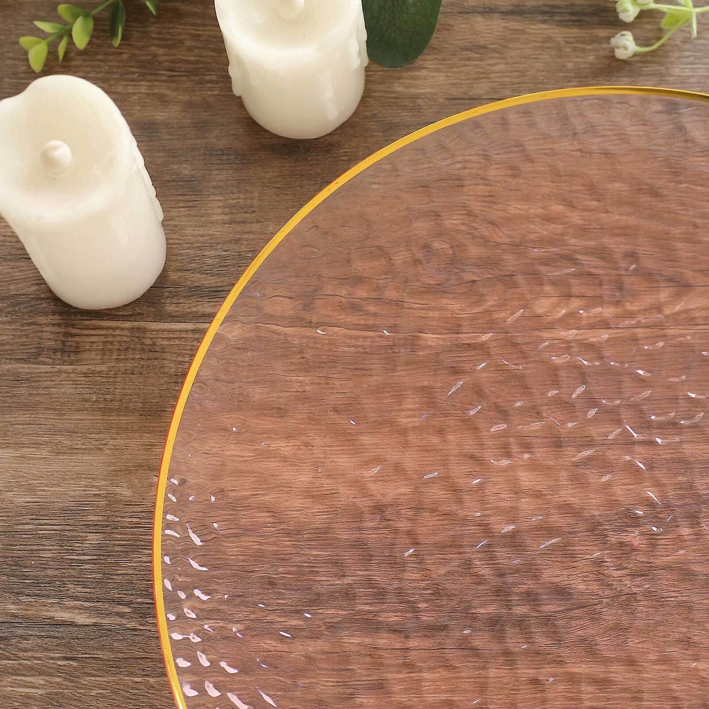 10 Pack Economy Plastic Round Charger Plates 13" in Transparent Blush Hammered Design with Gold Rim, Decorative Dinner Party Serving Plates