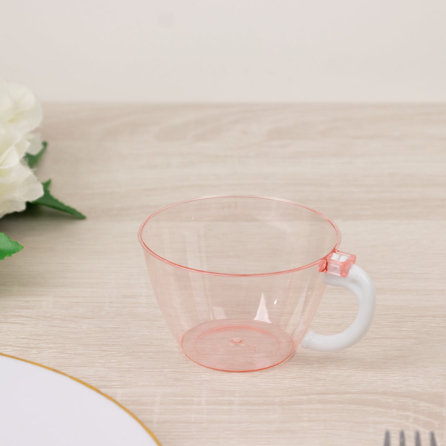 25-Pack Disposable Plastic Coffee Cups with Handles - 6oz Transparent Blush Hard Tea Mugs for Hot Beverages