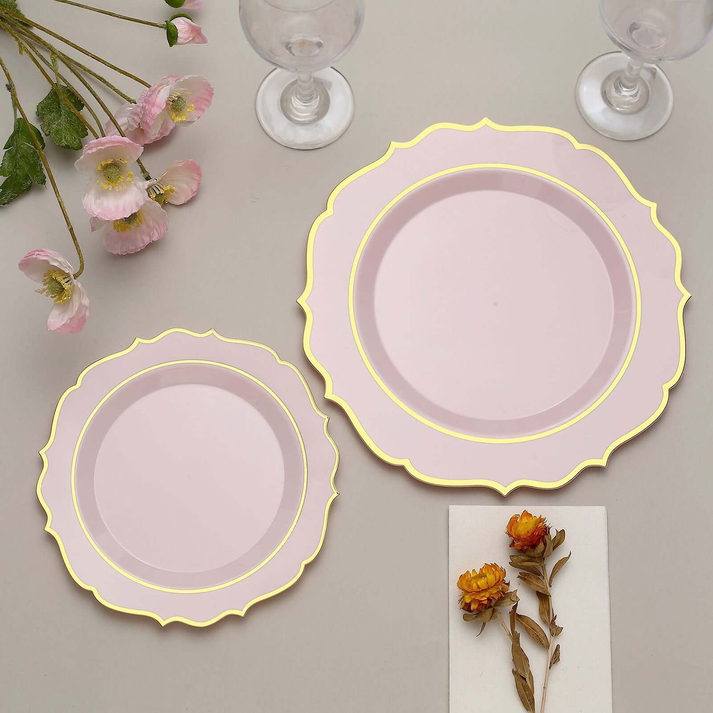10-Pack Plastic 8" Round Dessert Plates in Blush with Gold Scalloped Rim - Disposable Appetizer/Salad Plates