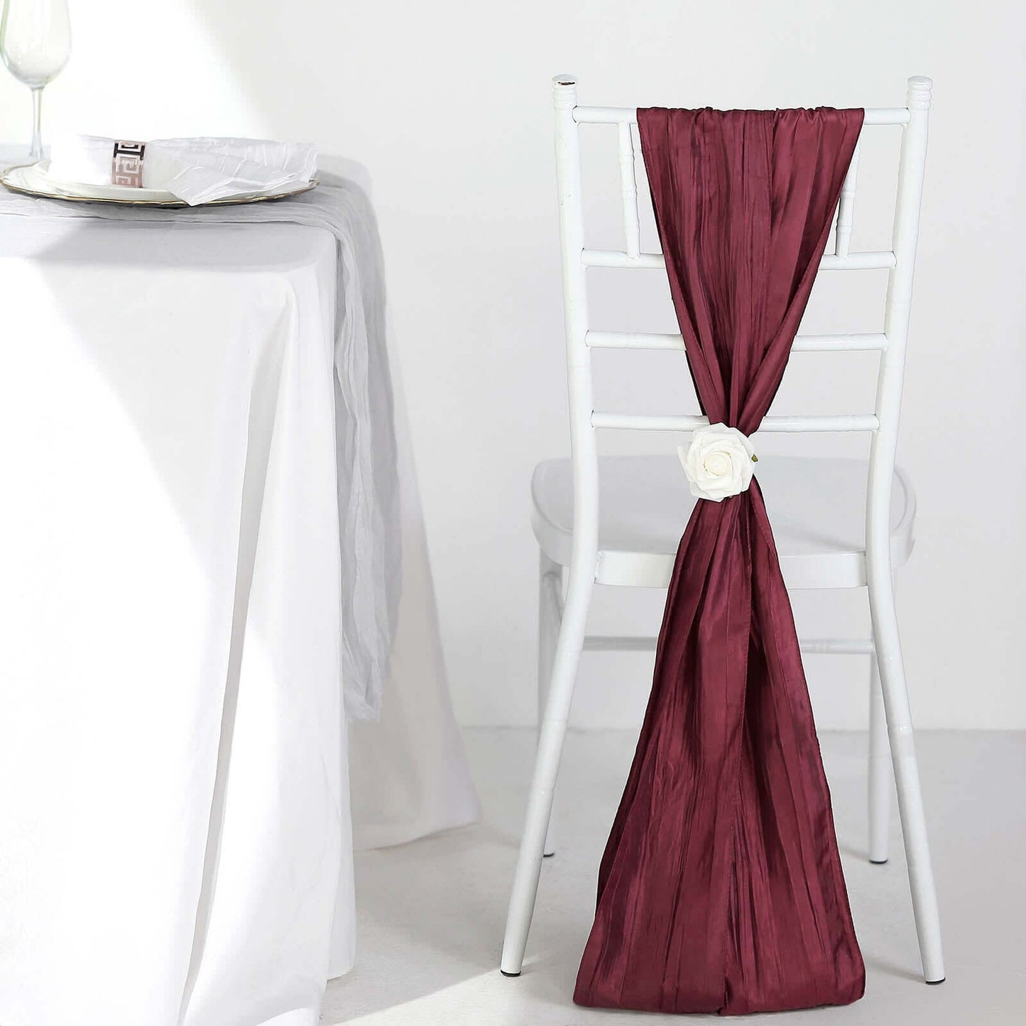 5 Pack Taffeta 6"x106" Chair Sashes Burgundy Accordion Crinkle Texture - Stylish Decor for Weddings & Gatherings