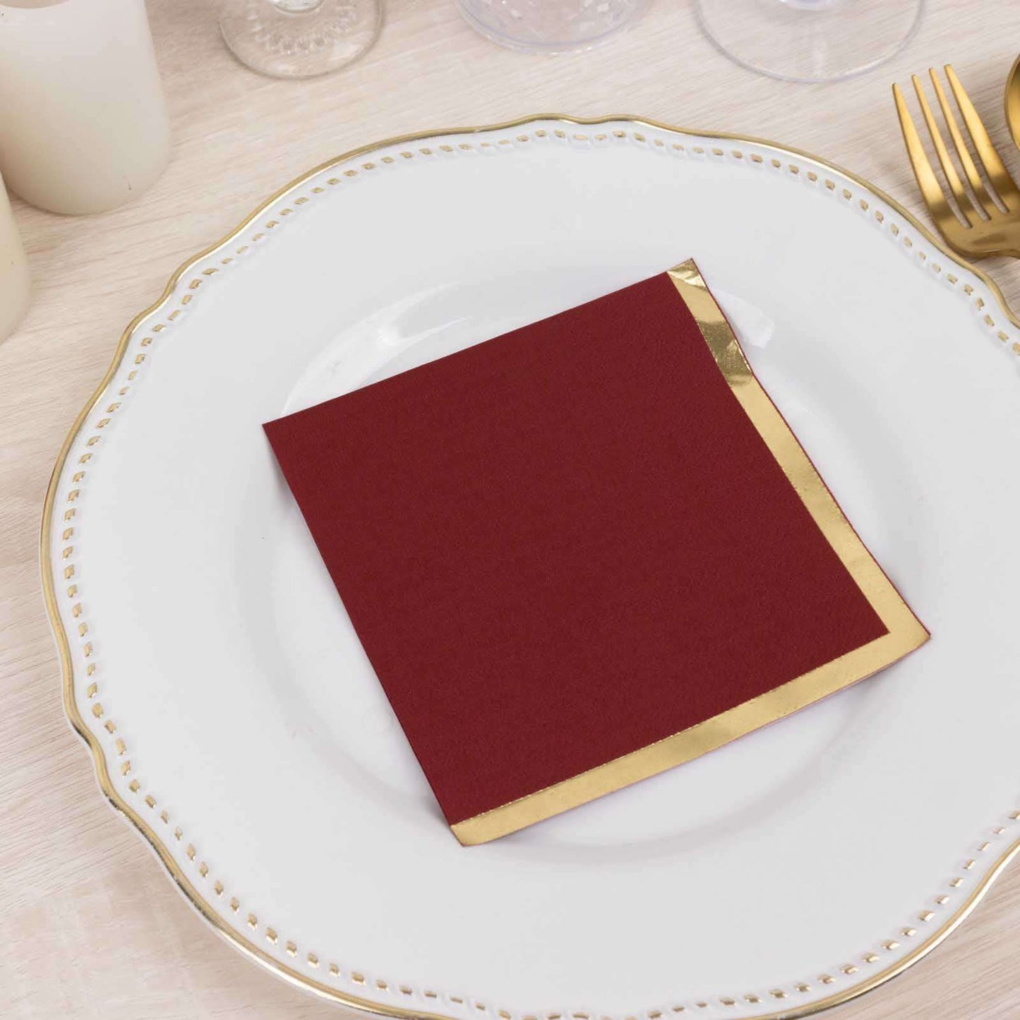 50-Pack Paper Beverage Napkins Burgundy with Gold Foil Edge - 2 Ply Disposable Soft 18GSM Cocktail Napkins 5"x5"