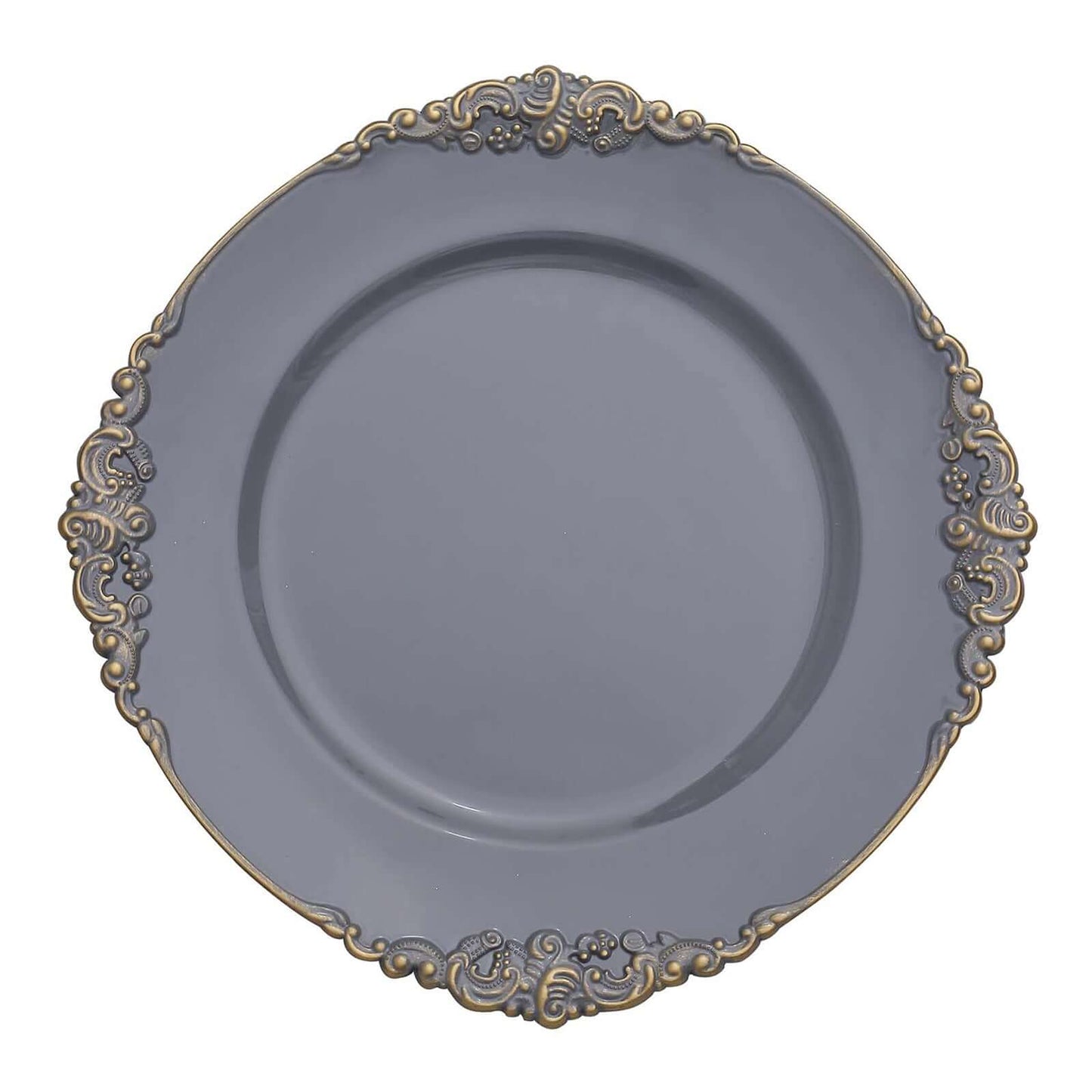 6-Pack Acrylic Round Charger Plates 13" in Charcoal Gray with Gold Embossed Baroque Rim, Antique Decorative Dinner Party Charger Tableware