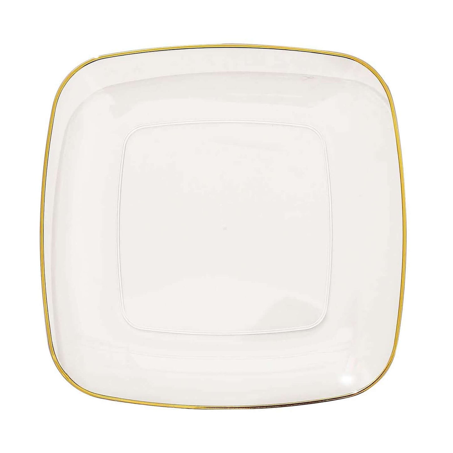 10-Pack Plastic 10" Square Dinner Plates in Clear with Gold Rim - Classy Disposable Lunch Party Plates