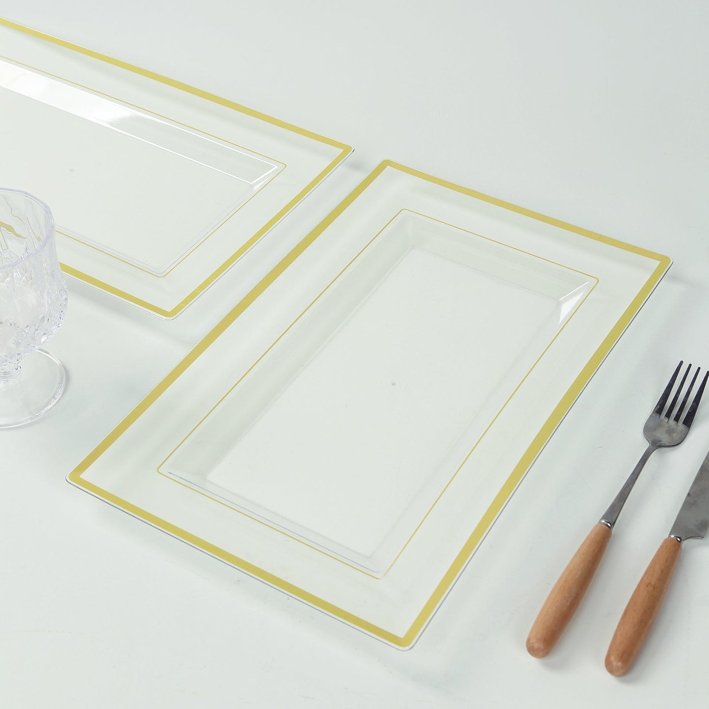 10-Pack Plastic 13"x8" Rectangle Serving Trays Clear with Gold Rim - Durable Reusable Sleek Design for Upscale Events & Parties