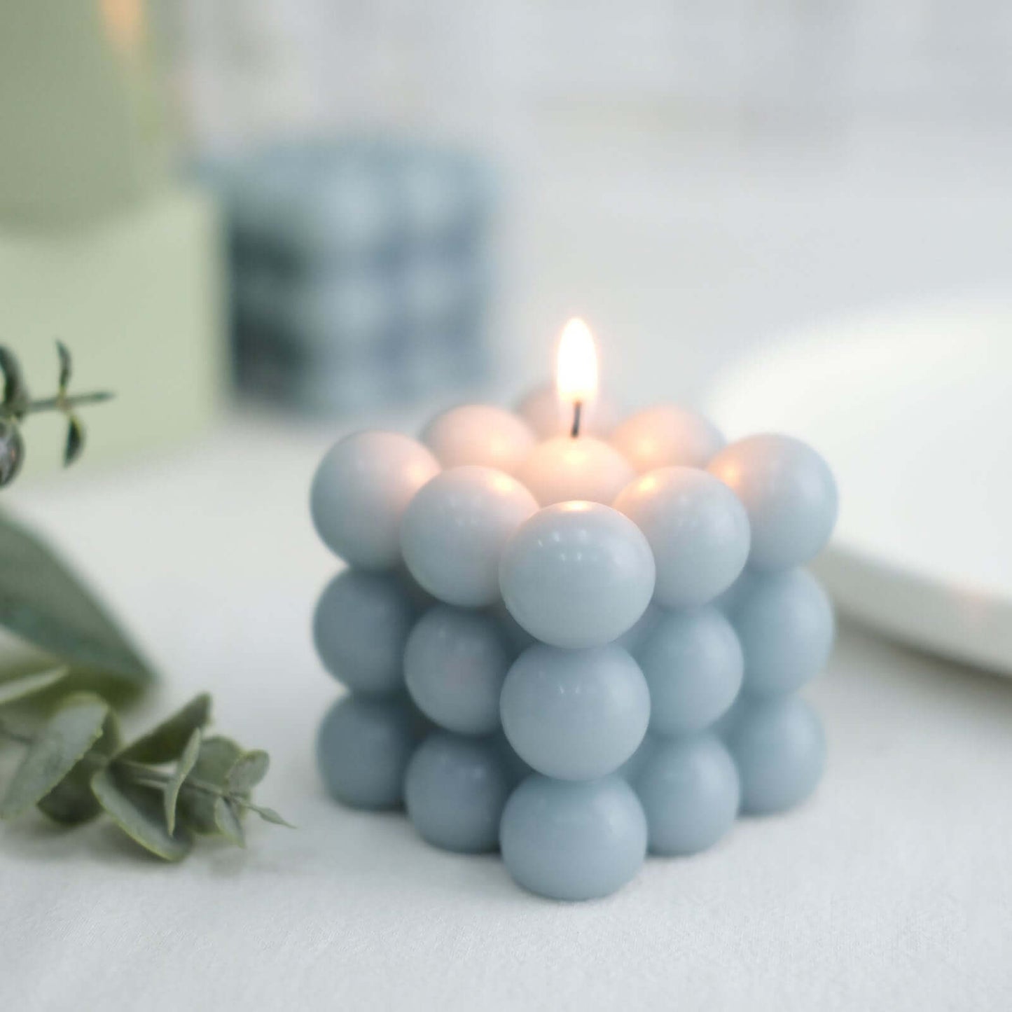 2-Pack Decorative Paraffin Wax Candles Bubble Cube Design Dusty Blue - Unscented Long Burning Pillar Candle Set 2"