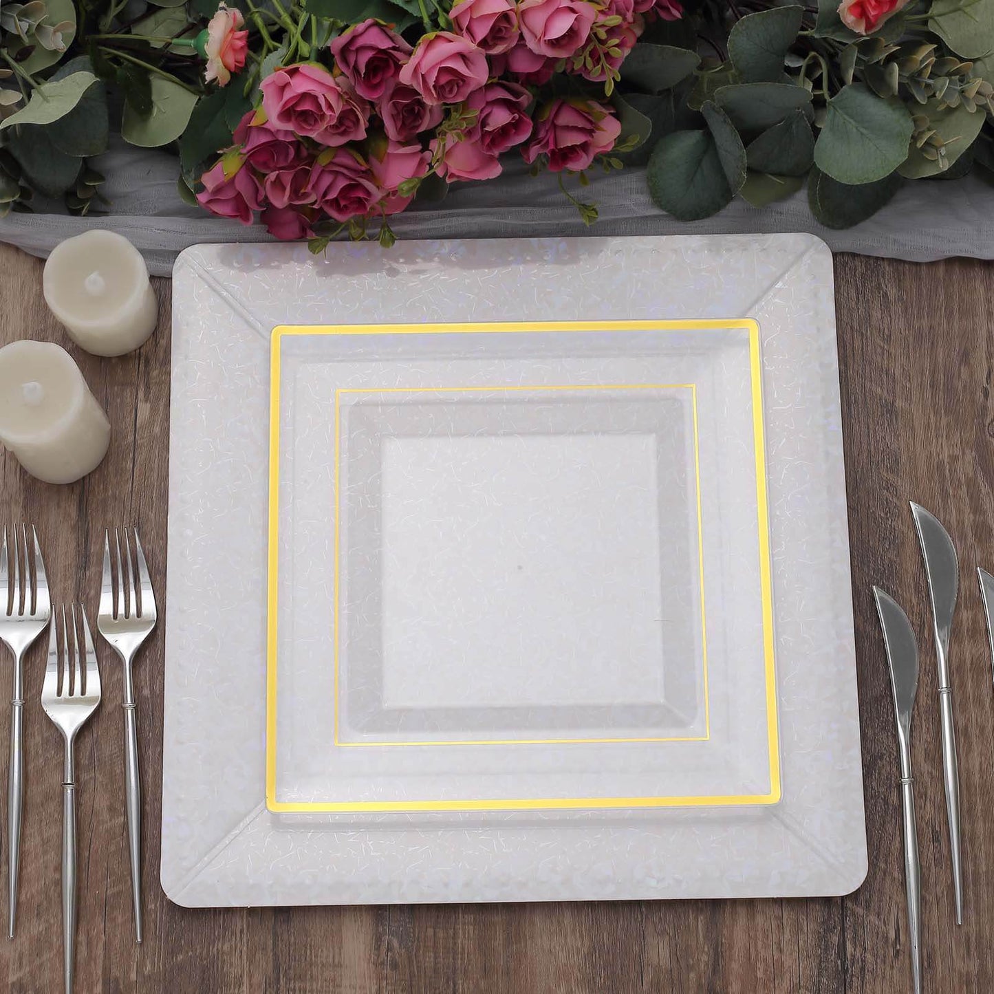 10-Pack Disposable Square Charger Plates in Iridescent with Leather Like Texture - 1100GSM Durable Paper Chargers 13"