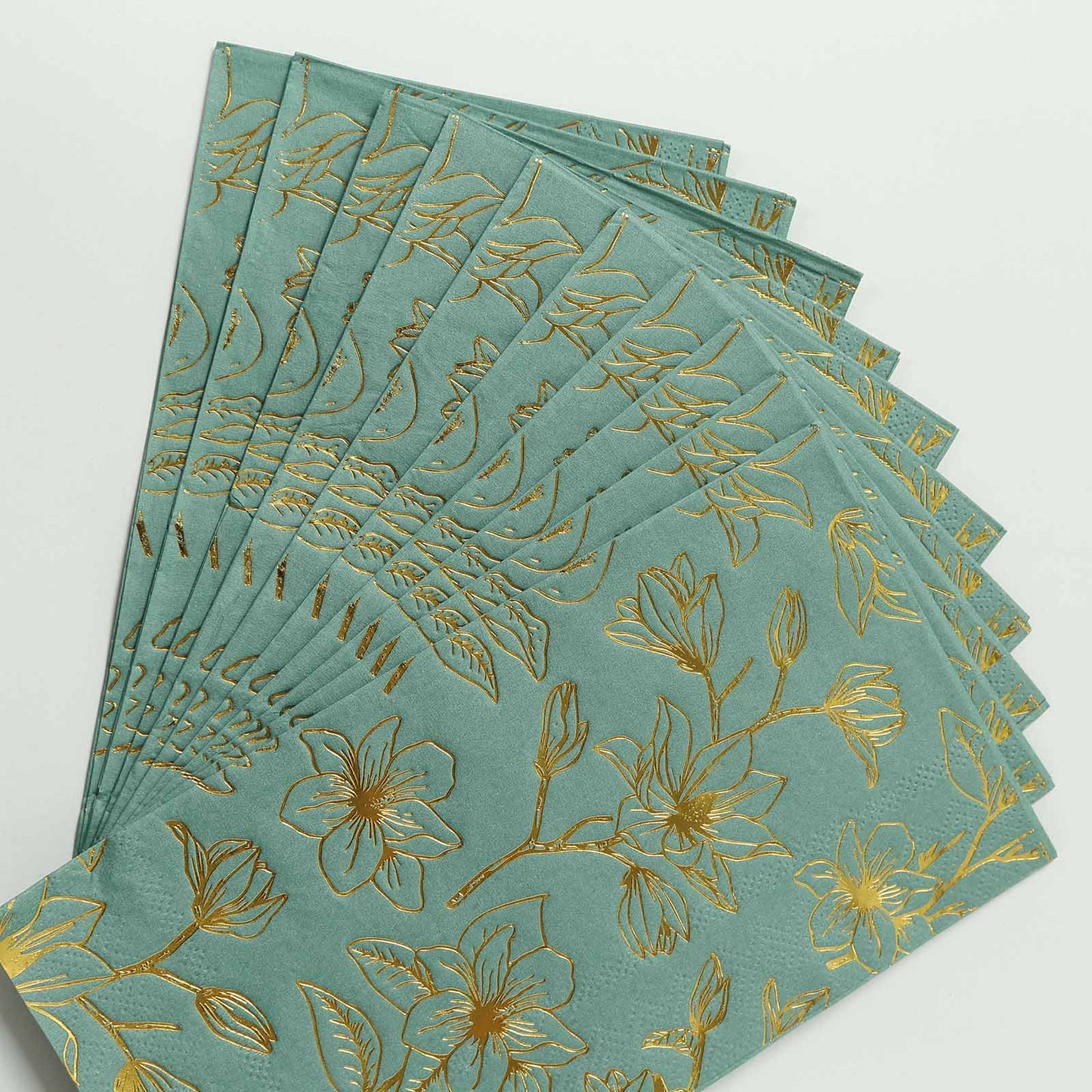 50-Pack Paper Dinner Napkins Dusty Sage Green with Gold Magnolia Flowers Print 2-Ply - Disposable Soft Napkins for Parties