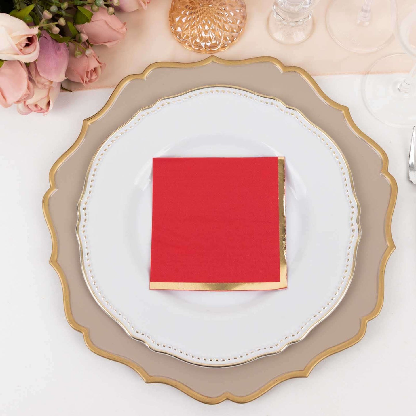 50-Pack Paper Beverage Napkins Red with Gold Foil Edge - 2 Ply Disposable Soft 18GSM Cocktail Napkins 5"x5"