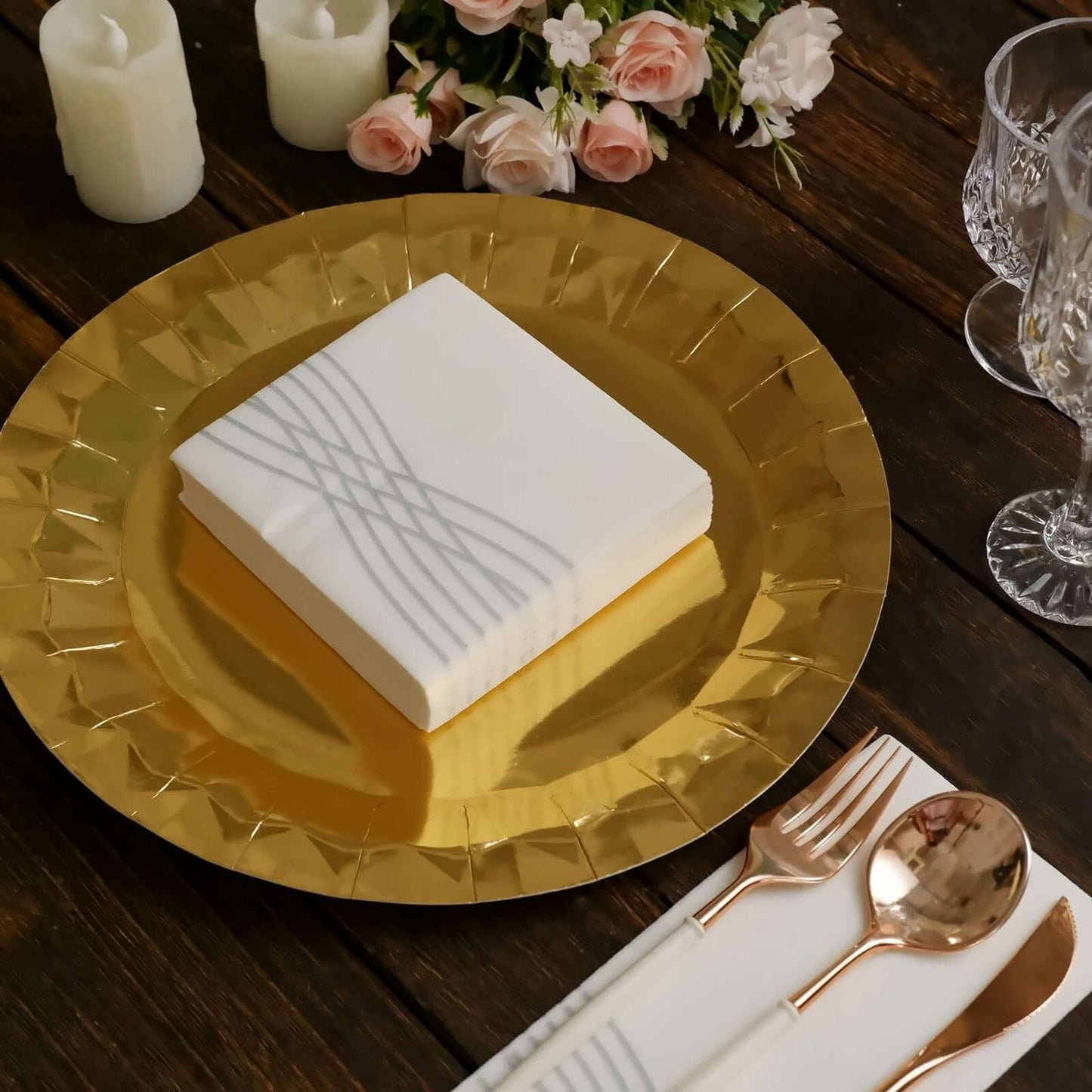 20 Pack Linen-Like Paper 5"x5" Napkins White - Silver Foil Wave Design Airlaid Cocktail Napkins