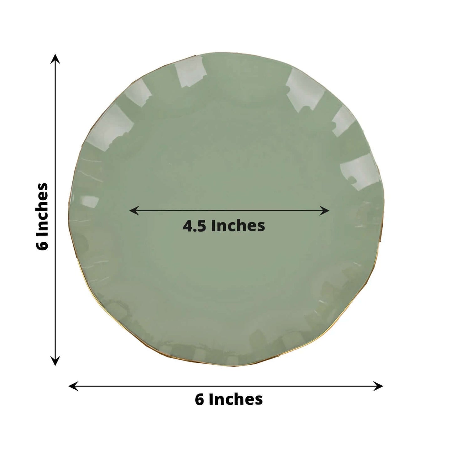 10-Pack Plastic Round 6" Dessert Plates in Dusty Sage Green Ruffled Rim with Gold Edging - Sturdy Disposable Salad Appetizer Dinnerware