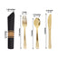 Set of 24 Gold Plastic Silverware with Pre-Rolled Black Paper Napkins - Disposable Wrapped Fork, Spoon, and Knife Set