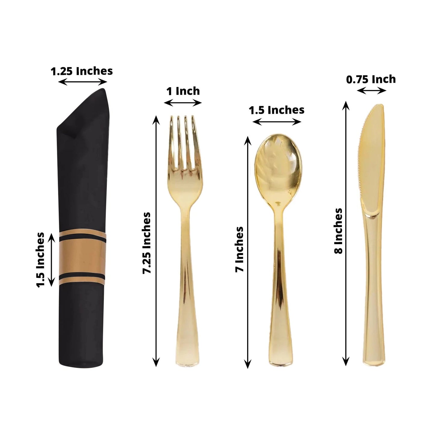 Set of 24 Gold Plastic Silverware with Pre-Rolled Black Paper Napkins - Disposable Wrapped Fork, Spoon, and Knife Set