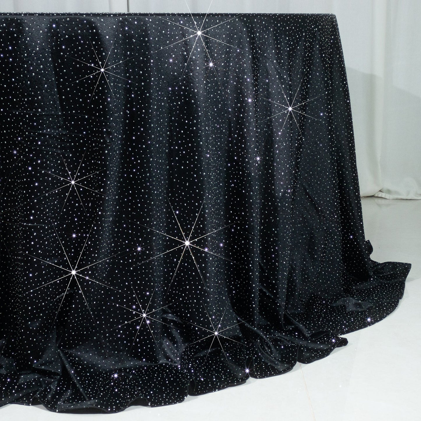 Scuba Round Tablecloth 132â€³ Black with Rhinestone Accents â€“ Seamless, Wrinkle-Free, Stain-Resistant Event Linen