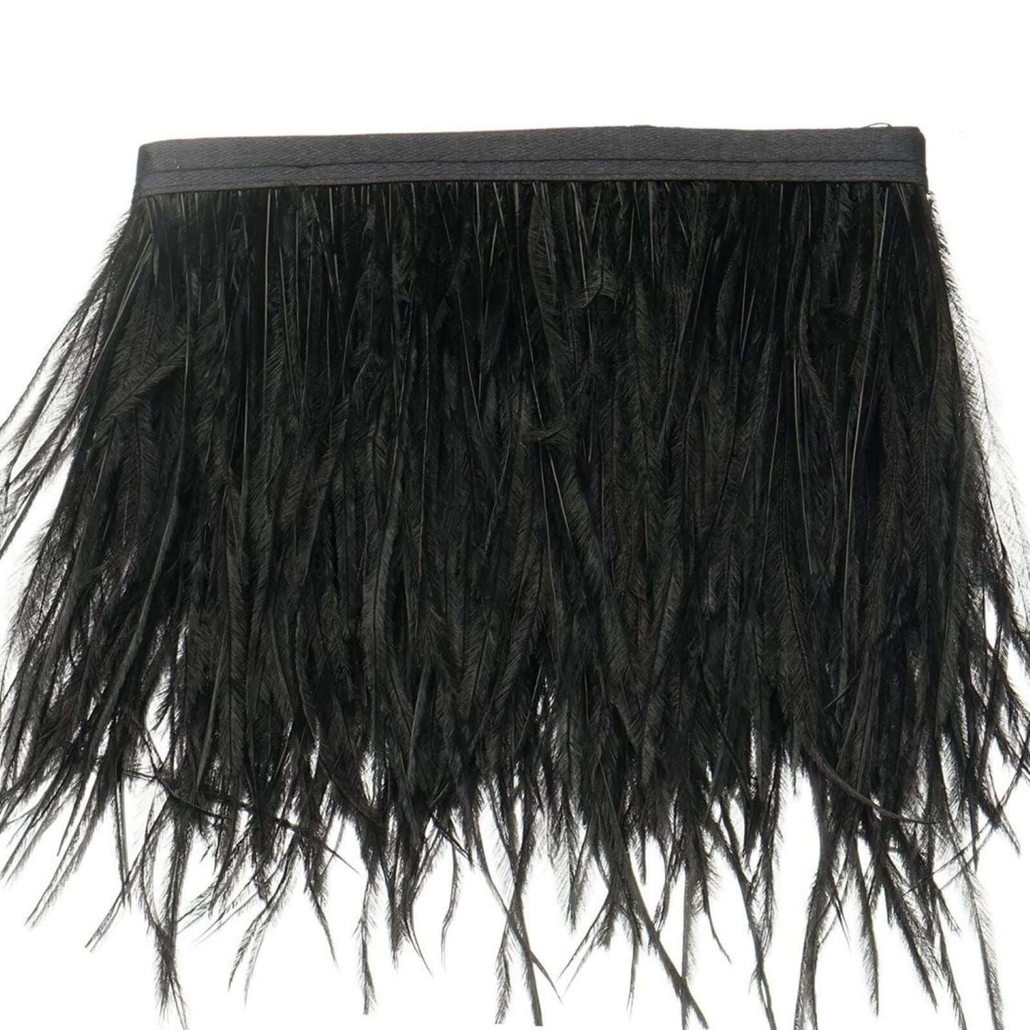 39" Black Real Ostrich Feather Fringe Trim With Satin Ribbon Tape